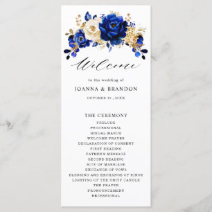 Royal Blue Gult Guld Metallic Blommigt Bröllop Program