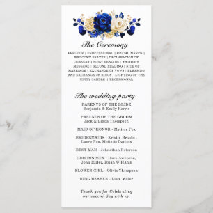Royal Blue Gult Guld Metallic Blommigt Bröllop Program