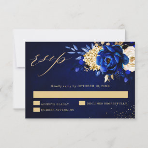 Royal Blue Gult Guld Metallic Blommigt Bröllop RSV OSA Kort