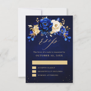 Royal Blue Gult Guld Metallic Blommigt Bröllop RSV OSA Kort