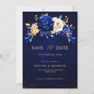 Royal Blue Gult Guld Metallic Blommigt Bröllop Sav Spara Datumet