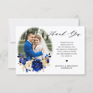 Royal Blue Gult Guld Metallic Blommigt Bröllop Tack Kort