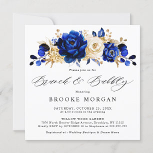 Royal Blue Gult Guld Metallic Brunch och Bubly Inbjudningar