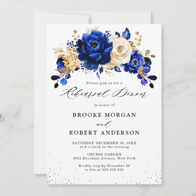 Royal Blue Gult Guld Metallic Rehearsal Dinner Inbjudningar (Framsida)