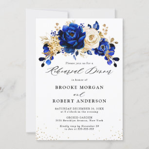 Royal Blue Gult Guld Metallic Rehearsal Dinner Inbjudningar