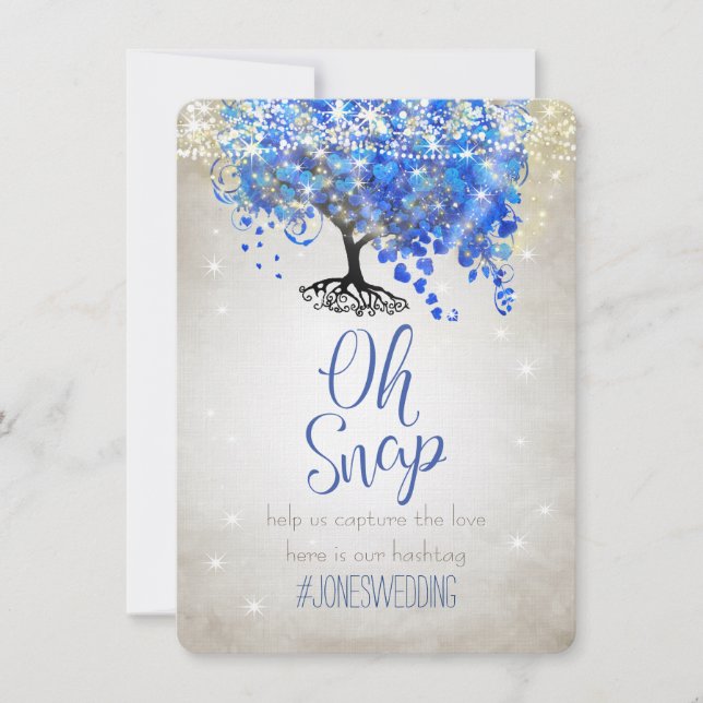 Royal Blue Heart Leaf Tree Silver Bröllops Hashtag (Framsida)
