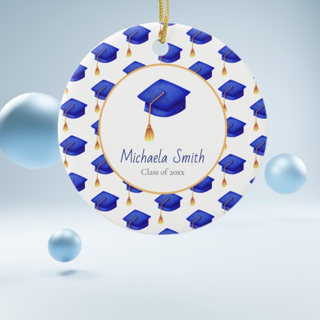 Royal Blue High School Studenten-jul Julgransprydnad Keramik (Royal blue graduation cap class off christmas keepsake ornament)
