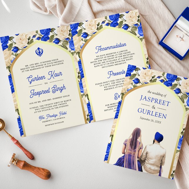 Royal Blue Ivory Blommigt alla i Sikh Bröllop Inbjudan (Skapare uppladdad)