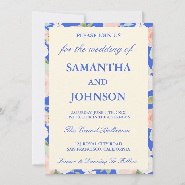 Royal Blue Ivory Floral Monogram Photo Wedding Inbjudningar (Framsida)