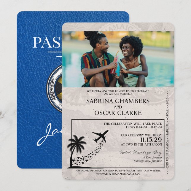 Royal Blue Jamaica Passport Wedding bjudande Inbjudningar (Fram/baksida)