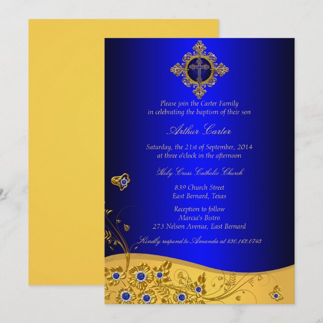Royal Blue Juvel Blommig & Kors Dop Inbjudningar (Fram/baksida)