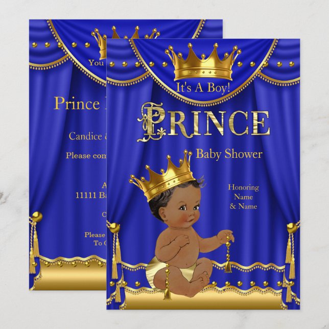 Royal Blue Krona Prince Baby Shower Guld Ethnic Inbjudningar (Fram/baksida)