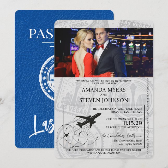 Royal Blue Las Vegas Passport Bröllop Inbjudningar (Fram/baksida)