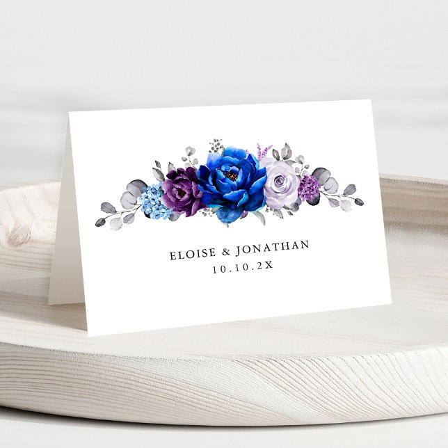 Royal Blue Lila Lilac Blooms Bröllop Place Card Bordsnummer (Royal Blue Purple Lilac Blooms Wedding Place Card with individual guest name)