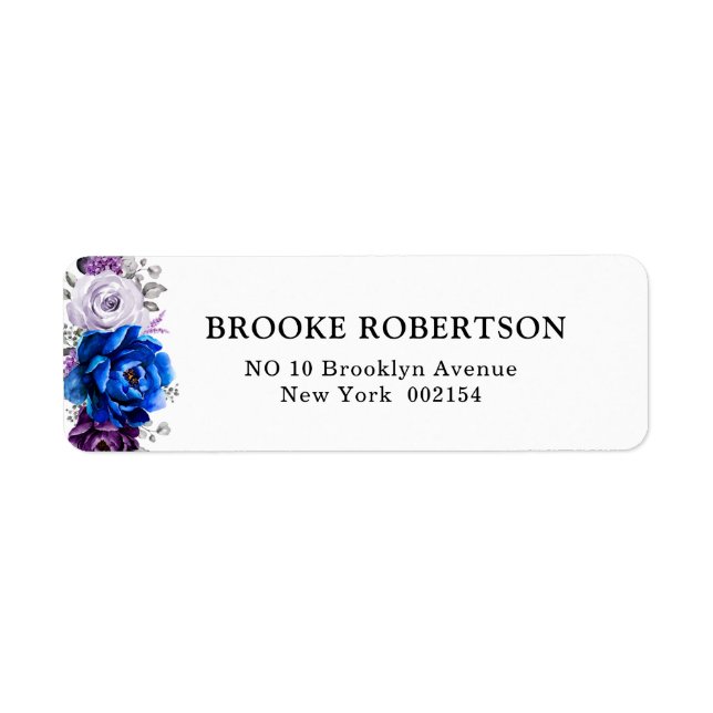 Royal Blue Lila Navy Lilac Blooms Bröllop Returadress Etikett (Framsidan)