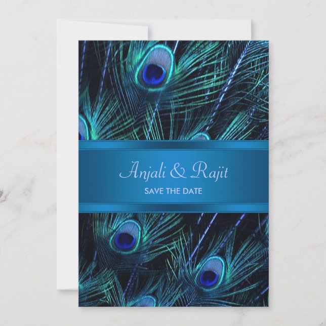 Royal Blue Lila Påfågel Fjädrar Bröllop Spara Datumet (Framsida)