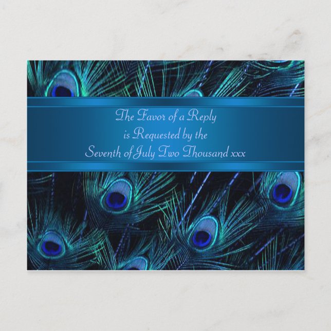 Royal Blue Lila Peacock Feathers Bröllop Inbjudan Vykort (Framsida)