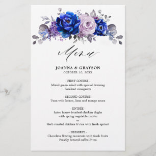 Royal Blue Lilac Lila Blommigt Bröllop Menu