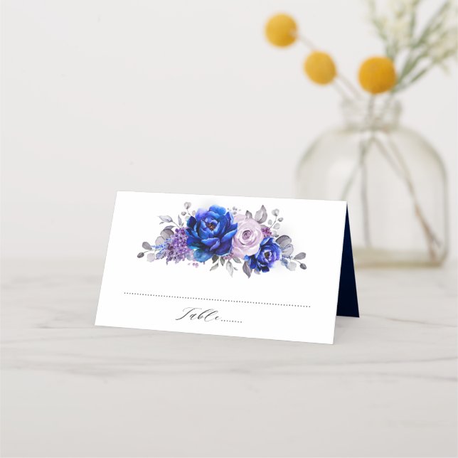 Royal Blue Lilac Lila Blommigt Bröllop Place Card Placeringskort (Framsida)