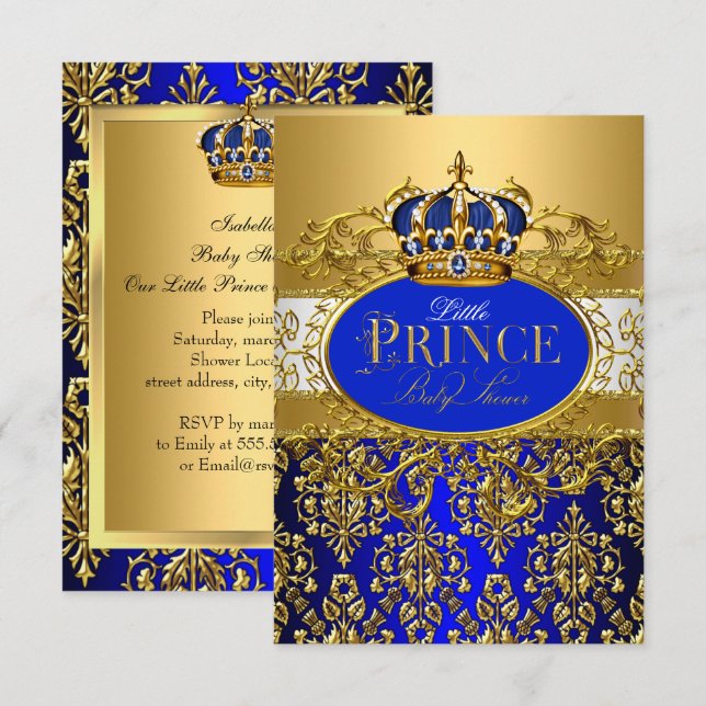 Royal Blue Little Prince Krona Baby Shower sml Inbjudningar (Fram/baksida)