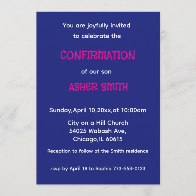 Royal Blue & Magenta Son's Confirmation Invitation Inbjudningar (Framsida)