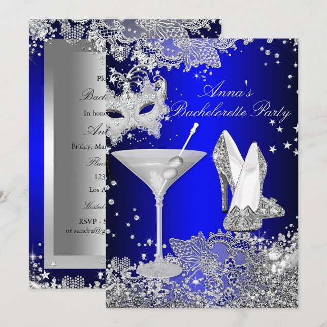Royal Blue Mask & Jewel Lace Sjungbrudsfest Inbjudningar (Fram/baksida)