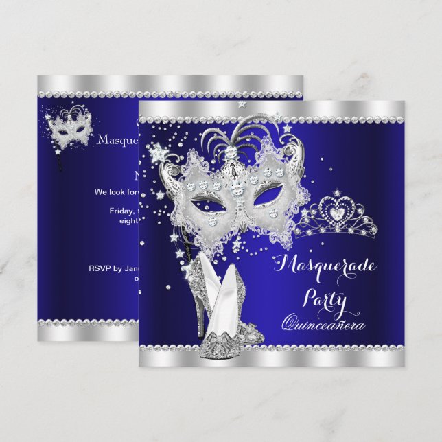 Royal Blue Masquerad Quinceanera Mask Hi Heels Inbjudningar (Fram/baksida)
