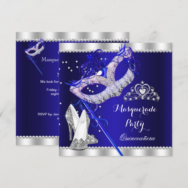 Royal Blue Masqueraquinceanera Party-maskklackar Inbjudningar (Fram/baksida)