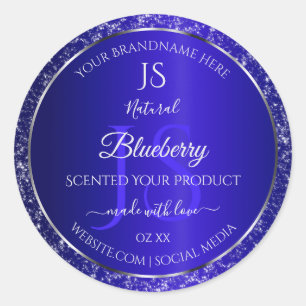 Royal Blue med produktetiketter för Glitter Initia Runt Klistermärke