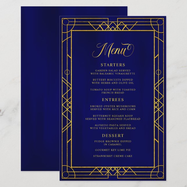 Royal Blue Menu i Antique Geometric Guld Ram (Fram/baksida)