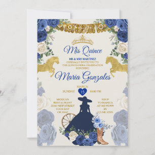 Royal Blue Mis Quince 15 Anos Guld Krona Inbjudningar