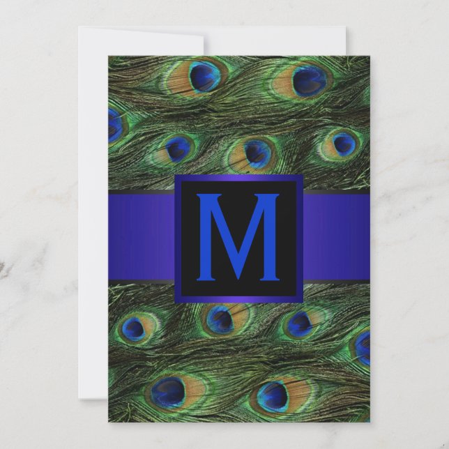 Royal Blue Monogram Peacock Inbjudningar (Framsida)