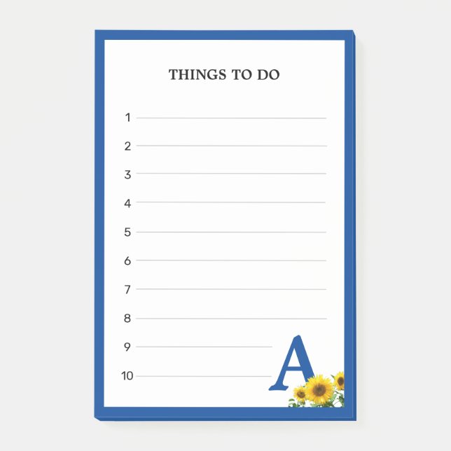 Royal Blue Monogram & Sunblommor Sak to Do Post-it Block (Framsida)
