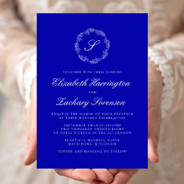 Royal Blue Monogram Wandewhite Bröllop Inbjudningar
