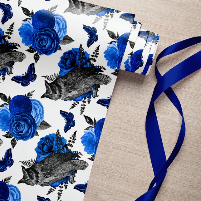 ROYAL BLUE NATT BIRDS GOTHIC CHRISTMAS PRESENTPAPPER (BLACK NIGHT OWL ROYAL BLUE ROSES AND FLOWERS AND BUTTERFLIES GOTHIC STYLE)