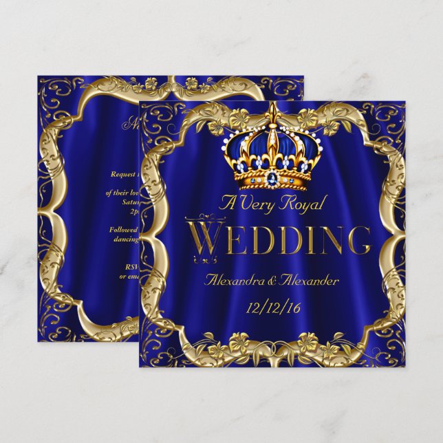 Royal Blue Navy Bröllop Guld Krona Inbjudningar (Fram/baksida)