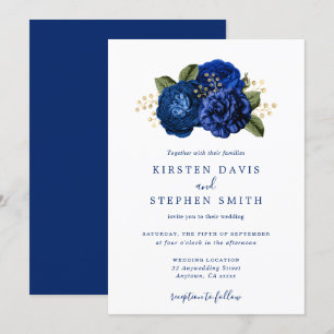 Royal Blue Navy Guld Blommigt Winter Fall Wedding Inbjudningar