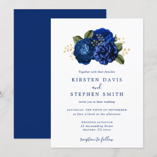 Royal Blue Navy Guld Blommigt Winter Fall Wedding Inbjudningar
