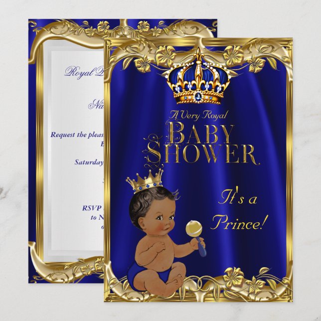 Royal Blue Navy Guld Prince Baby Shower Ethnic Inbjudningar (Fram/baksida)