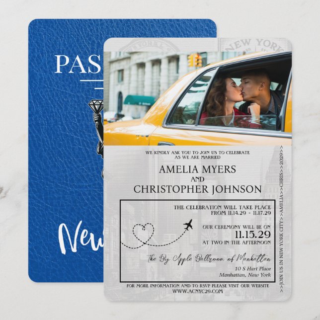 Royal Blue New York City Passport Bröllop Inbjudningar (Fram/baksida)