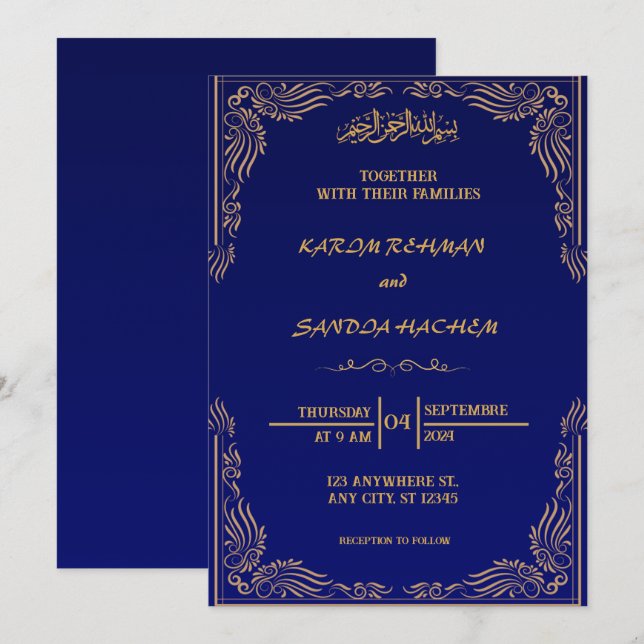 Royal Blue Nikah Islamic Wedding bjudande Inbjudningar (Fram/baksida)