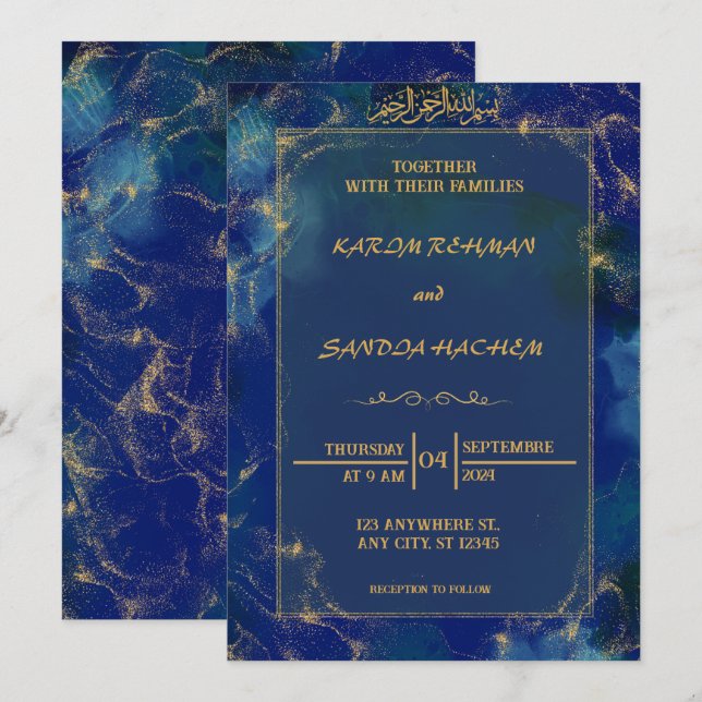 Royal Blue Nikah Islamic Wedding bjudande Inbjudningar (Fram/baksida)