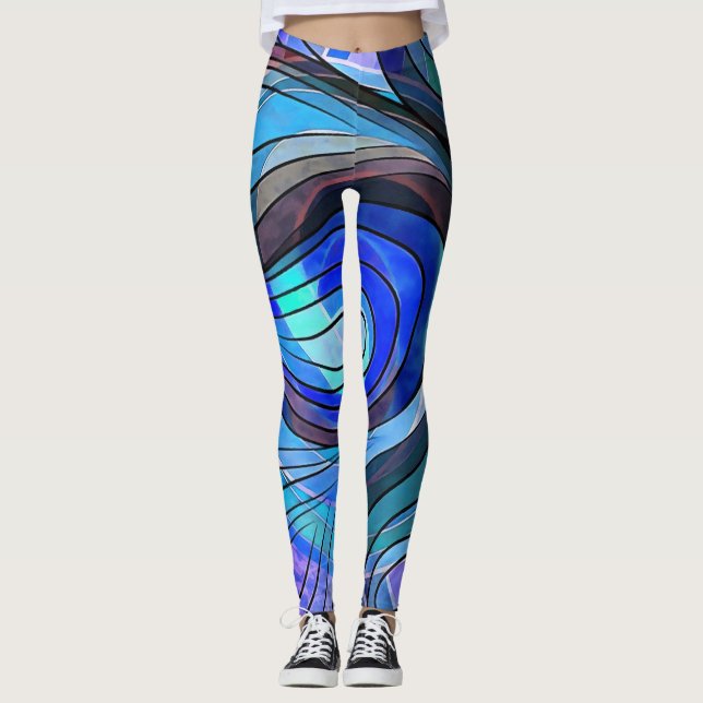 Royal Blue och Aqua Doodle med svarta linjer Leggings (Framsida)