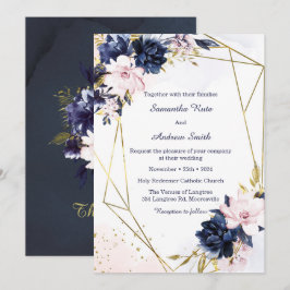 Royal Blue och Blush Bröllopsmall Inbjudningar