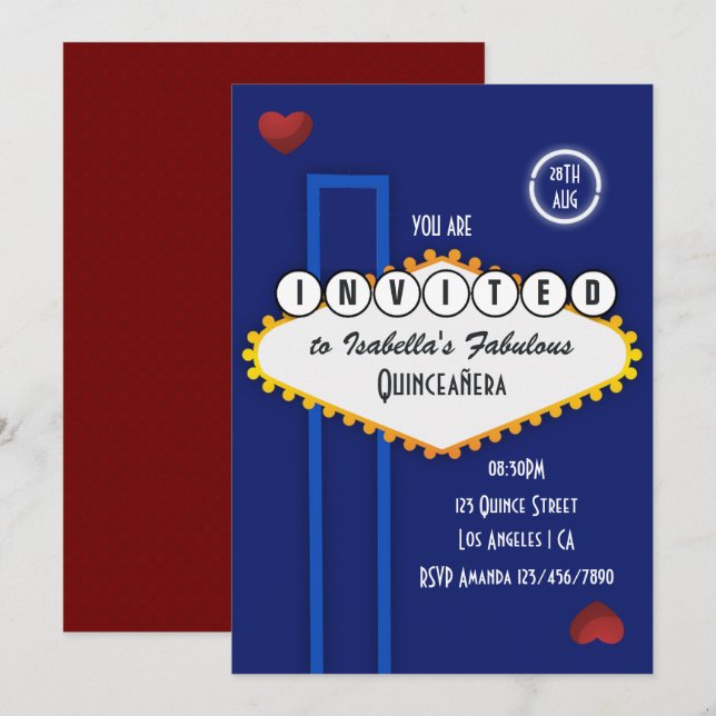 Royal Blue och Burgundy Las Vegas Quinceañera Inbjudningar (Fram/baksida)