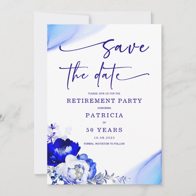 Royal Blue och Dammtor Blue Pension Slut Datum Inbjudningar (Framsida)