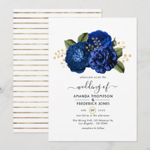 Royal Blue och Faux Foil Guld Blommigt Bröllop Inbjudningar