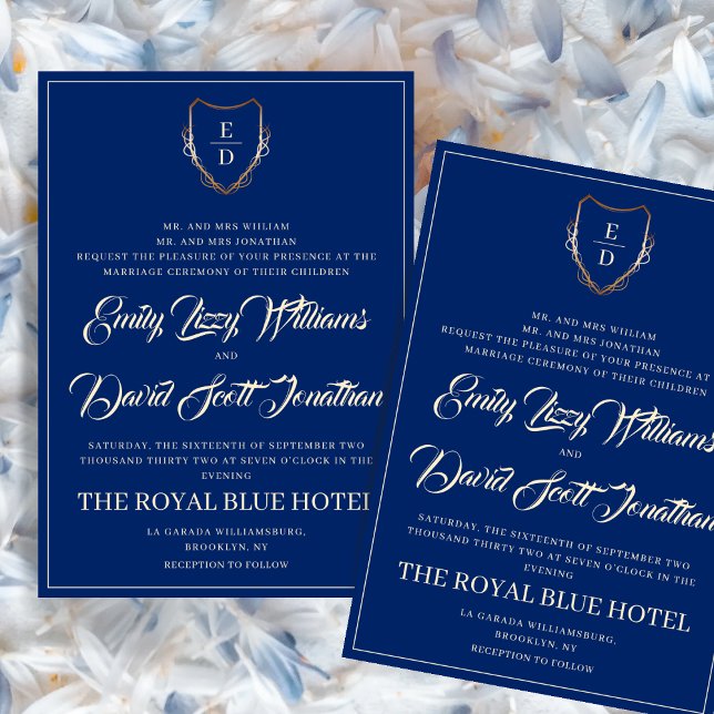 Royal Blue och Golden Classic Monogram Whimsical Inbjudningar (Skapare uppladdad)
