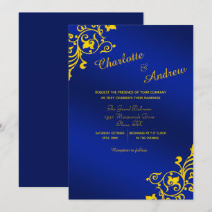 Royal Blue och Golden Gult Blommigt Bröllop Inbjudningar