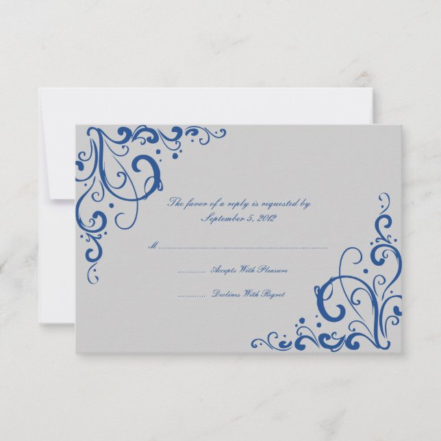 Royal Blue och Grått Flourish Bröllop OSA Card Kort (Framsida)